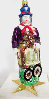 Organ Grinder & Monkey Christmas Tree Ornament Blown Glass 8'' x 3'' No Stand