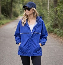 Lands' End Vintage Blue Hooded Rain Jacket Parka Reflective Stripe Size L 14-16