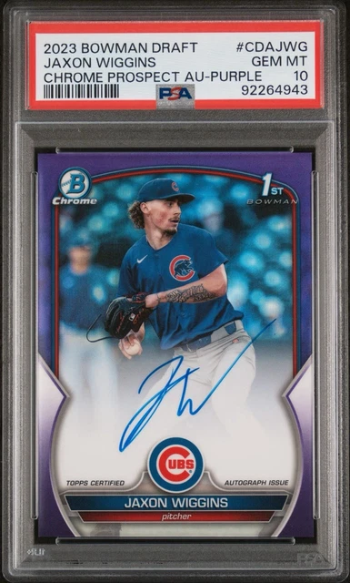 2023 Bowman Draft Jaxon Wiggins 1st Bowman Purple Ref Auto /250 Cubs Gem PSA 10
