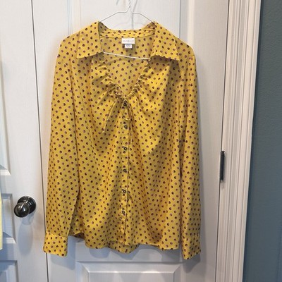 Jaclyn Smith Yellow Purple Polka Dot Keyhole Tie Blouse Top XL Long Sleeve LSU