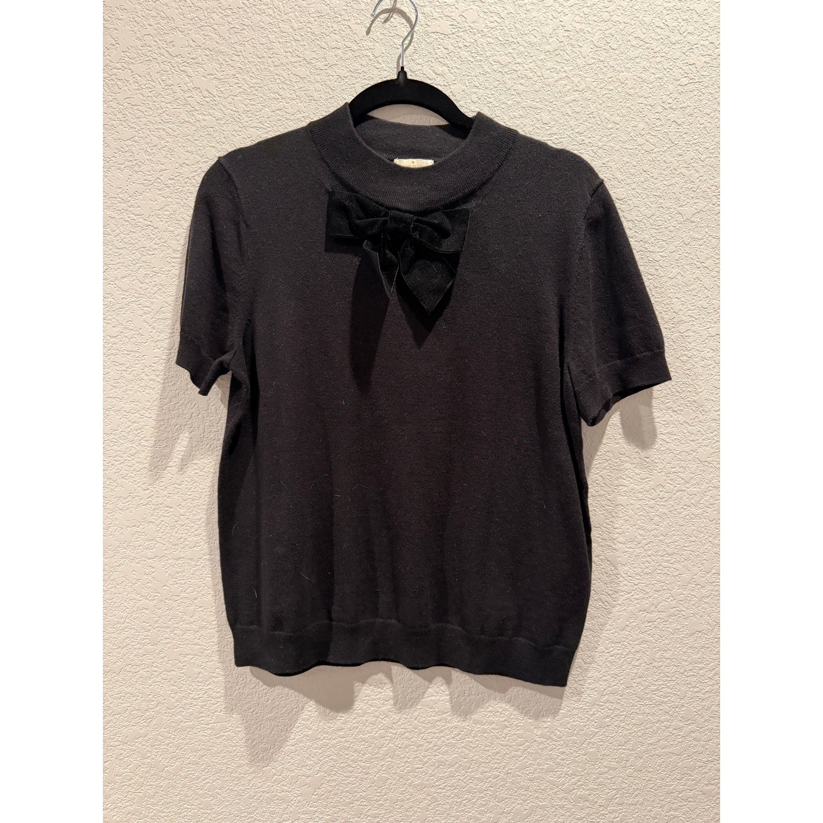 Kate Spade Black Velvet Bow Sweater Short Sleeve Mock Neck Size L