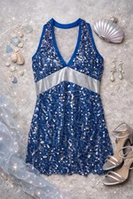 Wish Come True Blue Silver Sequin Halter Dress Playsuit Y2K Party Vintage Mini