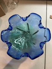 Blue And Green Blown Art Glass Bowl Pedestal 10”