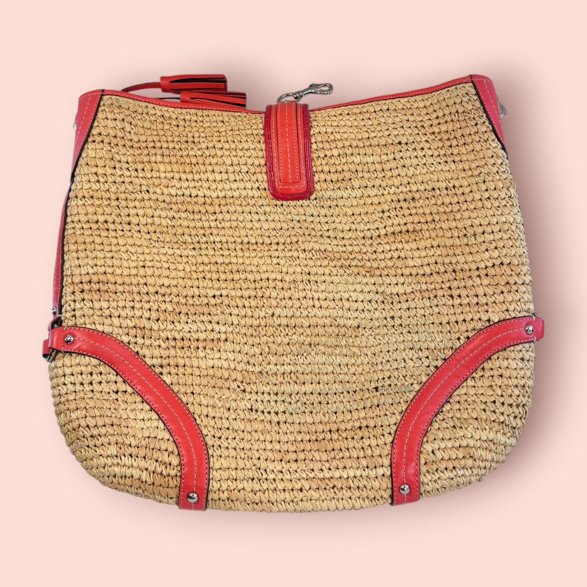 バッグ coach raffia hobo bag orange leather COACH Y2K Vintage Straw Raffia Leather Trim Slouchy Shoulder Hobo