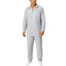 Mens Cotton Pyjama Set Long Sleeve Button Shirt Pants Sleepwear PJs - White/Blue