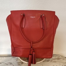 Coach Red Tote Bag Tassel Accent, Zip Closure, Silver Hardware, Lined Pockets