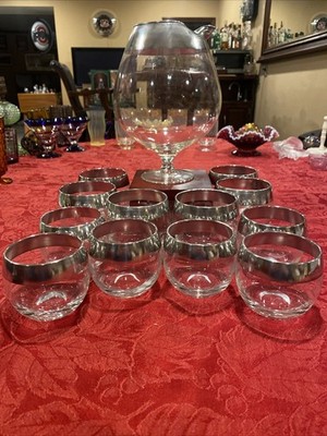 MCM Dorothy Thorpe Cocktail Pitcher & Roly Poly Silver Rimmed Glass 13 pc Set