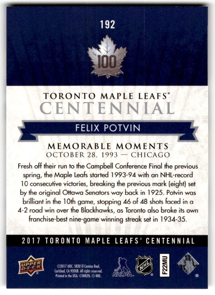 Felix Potvin 2017-18 Upper Deck Toronto Maple Leafs Centennial SP #192 - Image 2 of 2