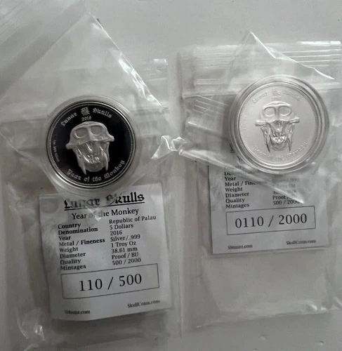 2016 Lunar Skulls Year of the Monkey Ghana 1oz Silver Proof & MS set both #110