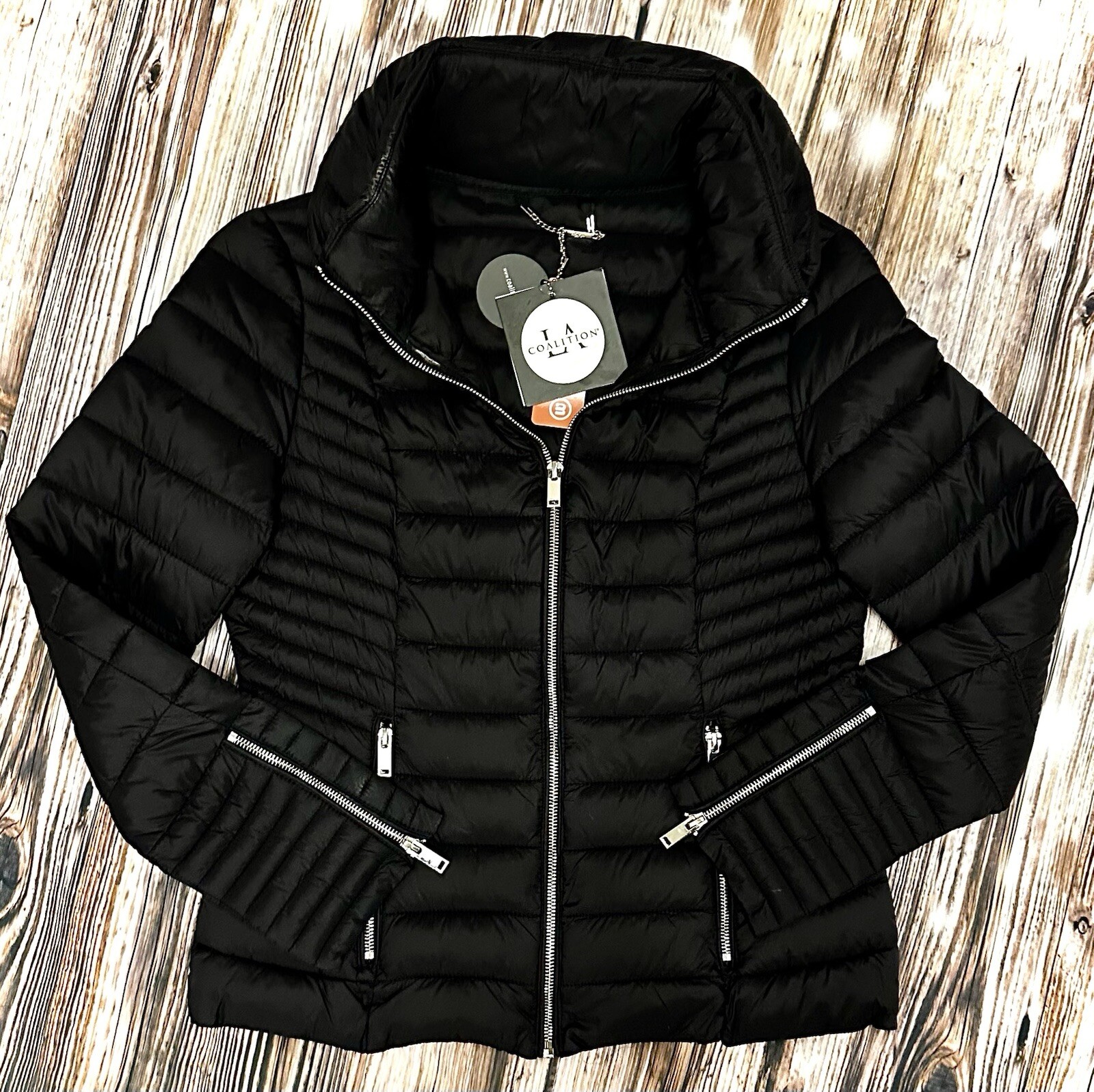 LA COALITION Black Vegan Quilted Puffer Jacket Size Large NWT