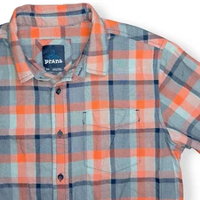 Prana Bryner Shirt Mens S Orange Madras Short Sleeve Button Up Preppy READ