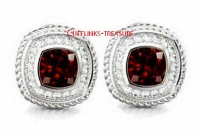 Natural Garnet & CZ Gemstones With 925 Sterling Silver Cufflinks For Men's #Ct33