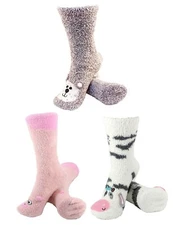 Women's Fuzzy Cozy Warm Cute Animal Home Bed Cabin Socks - 3 Pair (Asst 03)