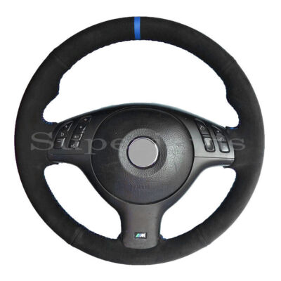 Soft Suede Blue Strip Leather Steering Wheel Stitch on Wrap Cover For BMW E46