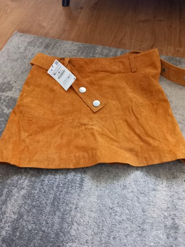 zara rough real suede tan coffee brown skirt stitched waistband great with boots - Picture 3 of 3