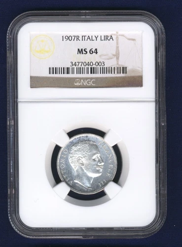 ITALY KINGDOM  1907-R  1 LIRA SILVER COIN CHOICE UNCIRCULATED CERTIFIED NGC MS64