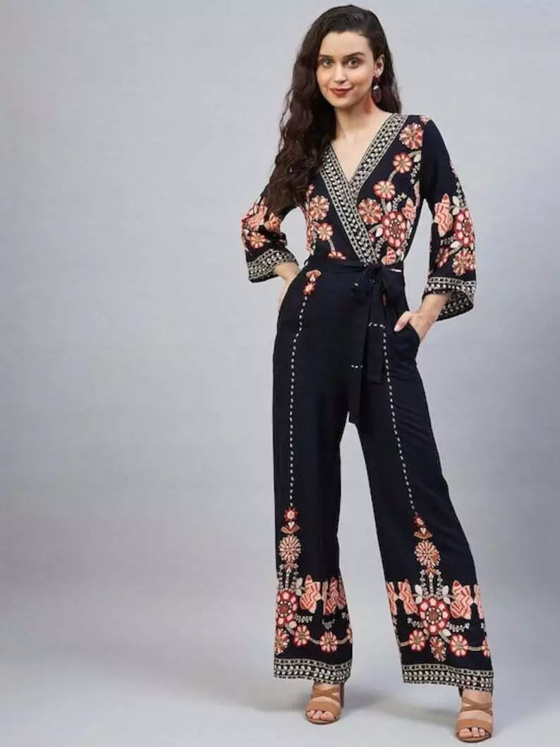 Peach & Off-White Printed Jumpsuit, Designer Indian Jumpsuit For Women –  VitansEthnics