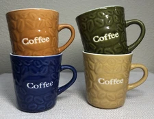 Set of 4 Ceramic Coffee Bean Mug Cups 3.25" Tall Allied Design Green Blue Orange