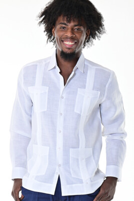 Bohio Soft 100% Linen Guayabera Shirt for Men -White Traditional 4 Pocket MLS401