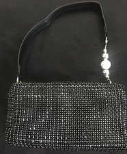 New Stunning Black Rhinestone Mesh Evening Bag With Silver Chain Shoulder Strap