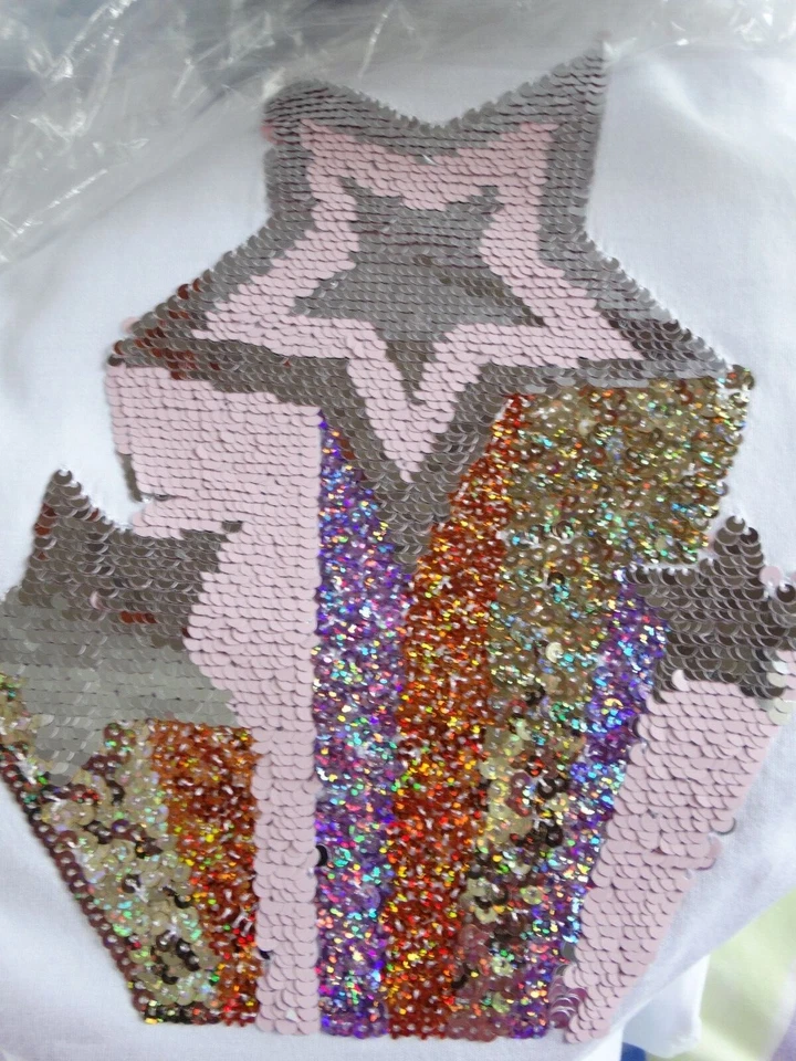 White T shirt Top with Sparkly Pink Gold Sequins Star Girls Party ages 6-7 8-9 - Image 4 of 4