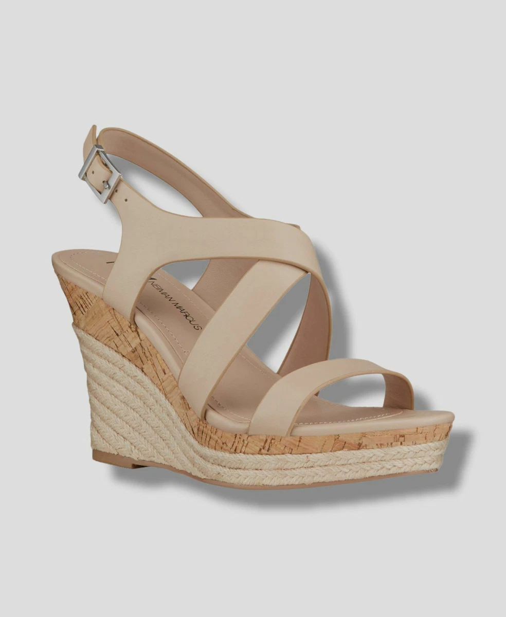 185 Neiman Marcus Women Beige Lox Wedge Espadrilles Sandals Shoes Size US 7.5 M