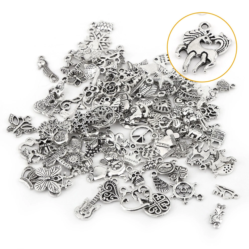 Wholesale 100pcs Bulk Mixed Silver Charms Pendants for DIY Jewelry