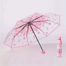 Umbrella Three-Fold Cherry Blossom Transparent Umbrella, Rainproof and Windproof