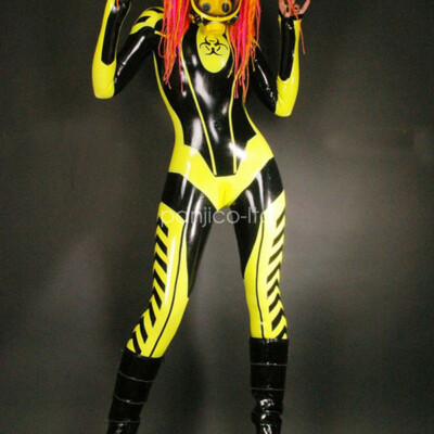 Cosplay Latex Rubber Catsuit Gelb&Schwarz Gummi Bodysuit Polished Auzug S-XXL