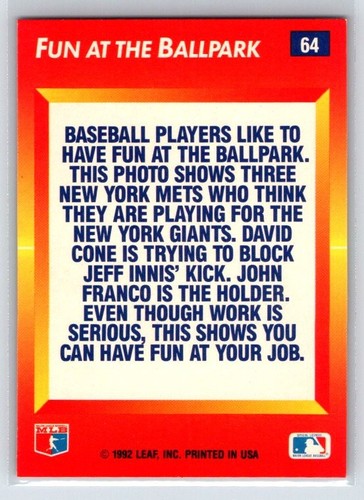 1992 Donruss Triple Play - David Cone, John Franco, Jeff Innis #64 - Foto 2 di 2