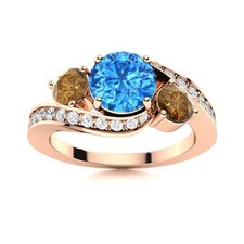Swiss Blue Topaz  Brown CZ 5MM Round 925 Silver Rose Plated Three Stone Ring