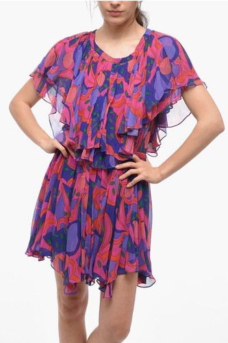 Isabel Marant Femmes Amelie Abstrait Imprimé Volants Court Mini Robe Taille M - Photo 4 sur 18