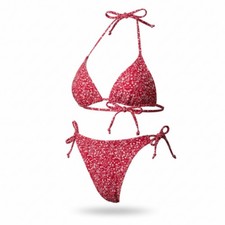 GORGLITTER Women's Floral Halter Bikini Set Tie Side Thong Red White Large