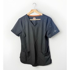 Dickies Scrub Top Womens Medium Black V-Neck Pockets Stretch Medical Nurse