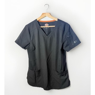 Dickies Scrub Top Womens Medium Black V-Neck Pockets Stretch Medical Nurse