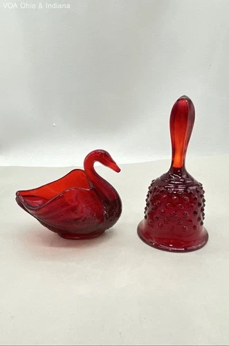 Red Glass Fenton Swan & Hobnail Bell w Amberina Glow