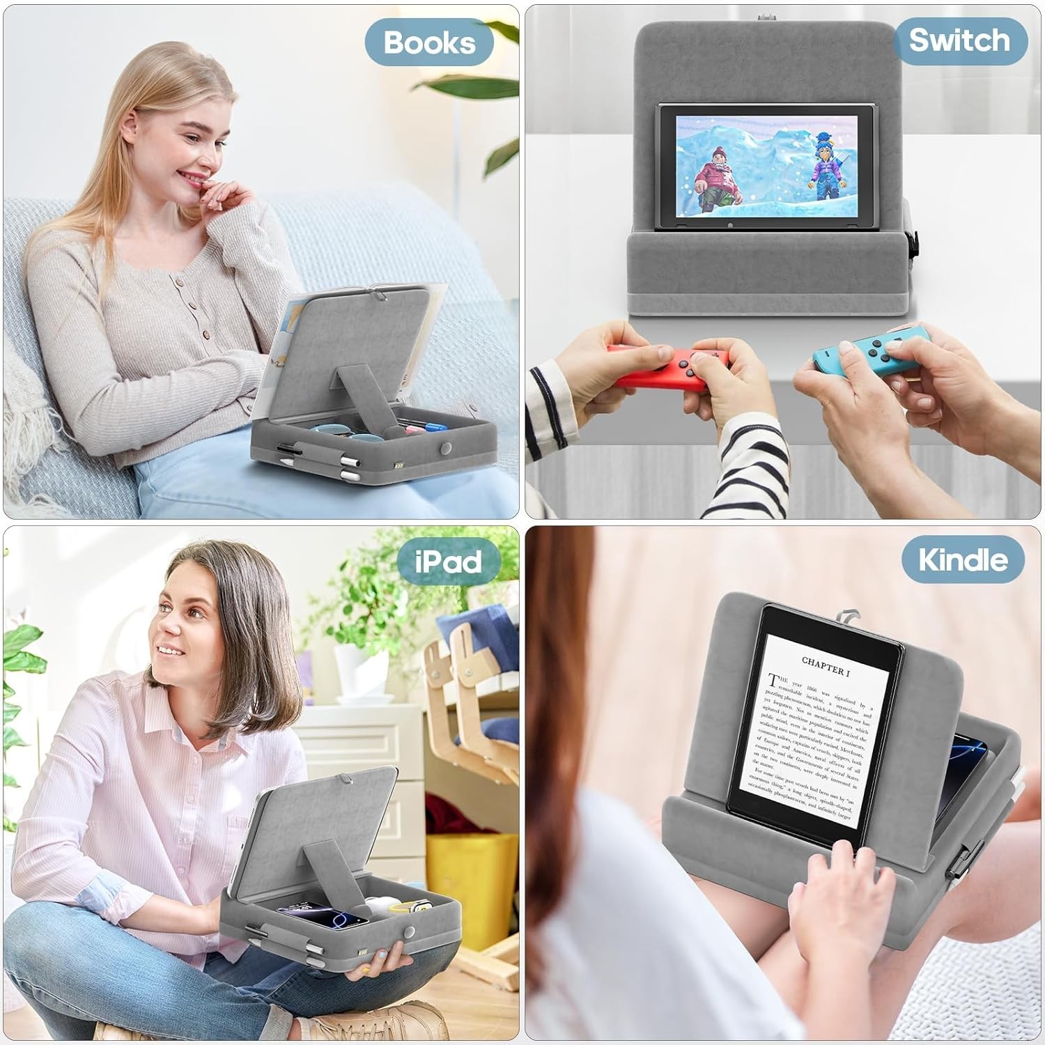 KDD Tablet Pillow Stand with Storage, Foldable Ipad Holder for Light Grey