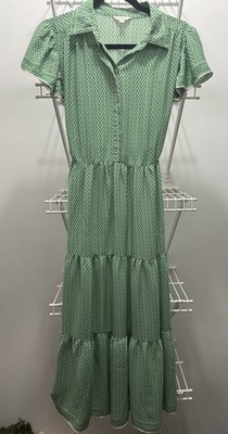 Max Studio Sheer Green White Midi Geometric Pattern Career Dress Medium