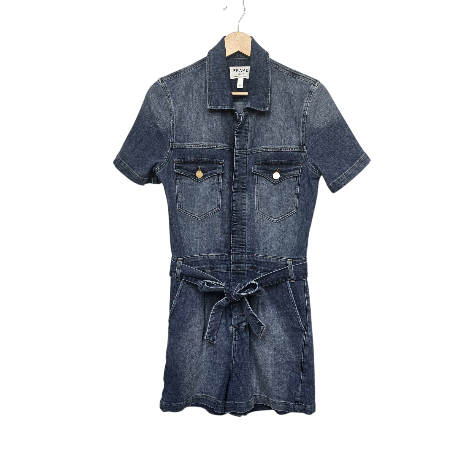 FRAME Denim Romper Womens Small Blue Short Sleeve Belted Zip Front One Piece