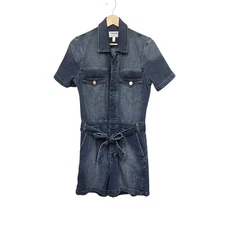 FRAME Denim Romper Womens Small Blue Short Sleeve Belted Zip Front One Piece