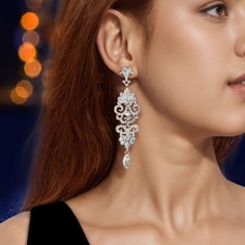 Wedding Accessories Long Silver Rhinestone Chandelier Charm Ear Clip Earrings