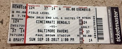 September 10, 2017 Baltimore Ravens vs Cincinnati Bengals Ticket Stub 50th Year