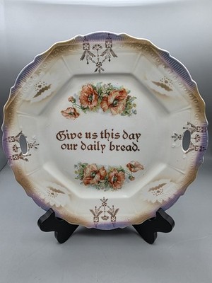 Vtg Porcelain Give Us This Day Our Daily Bread Plate Orange Poppy Air Brush Edge