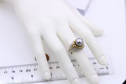 Vintage Tahitian Pearl Ring 18K Two Tone Gold Vintage Pearl Ring Natural Diamond - 第 5/13 張圖片