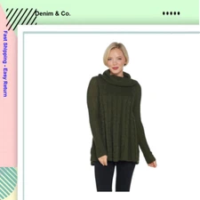 Denim & Co. Regular Cable Knit Cowl-Neck Tunic Sweater, True Olive [ XS]