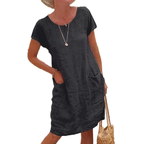 Sommer Damen Baumwolle Leinen Midikleid Damen lässig locker Pullover Tasche Kleid - Bild 13 von 17