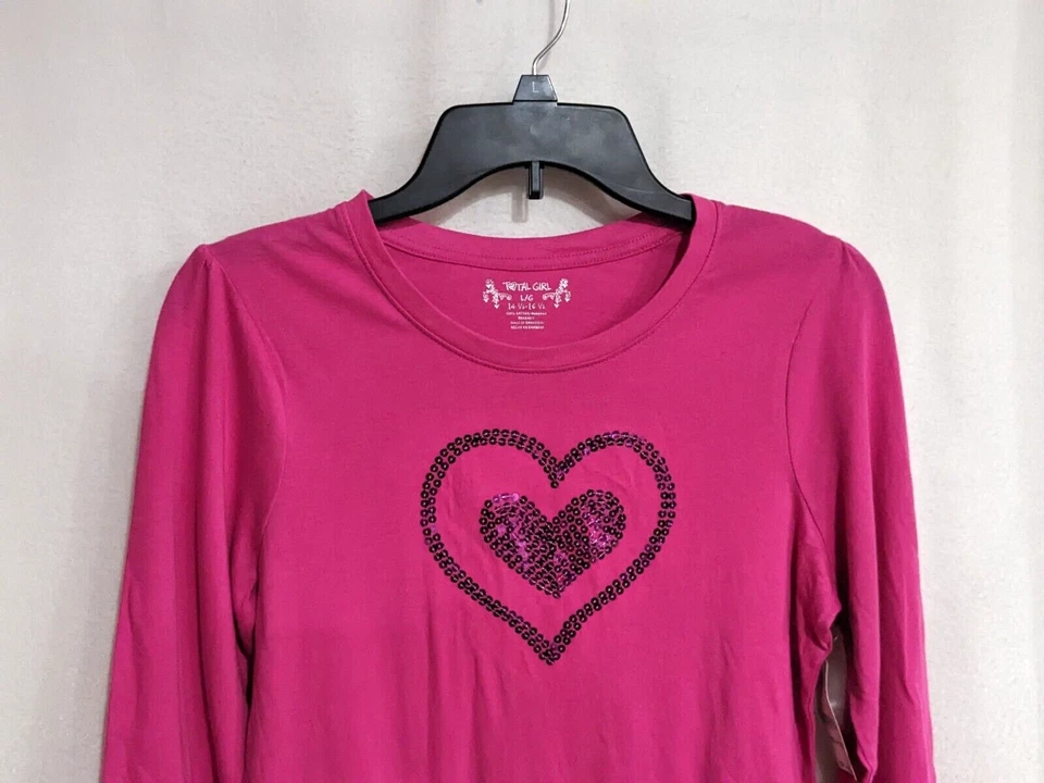 Top Total Girl Rosa Caliente Lentejuelas Corazón Manga Larga Niña - Talla L Plus (14.5-16.5) Foto 2 de 3