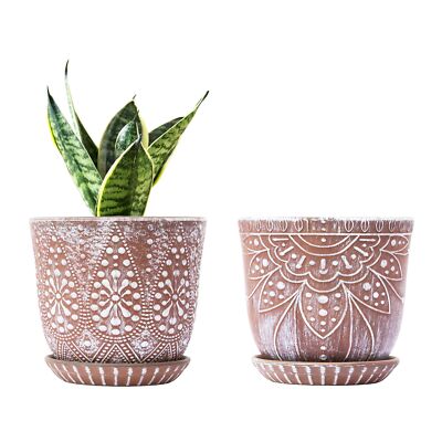 Set of 2 Beaded Ceramic Planters 6 Inch with Drainage Indoor-Outdoor