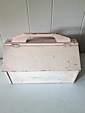 Shabby Chic Farmhouse Primitive Rustic Wooden Box with Handle Pink Storage 