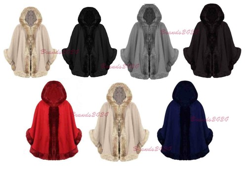 WOMENS CELEBRITY PONCHO LADIES DESIGNER FAUX FUR TRIM HOODED CAPE SHAWL COAT - 第 1/12 張圖片